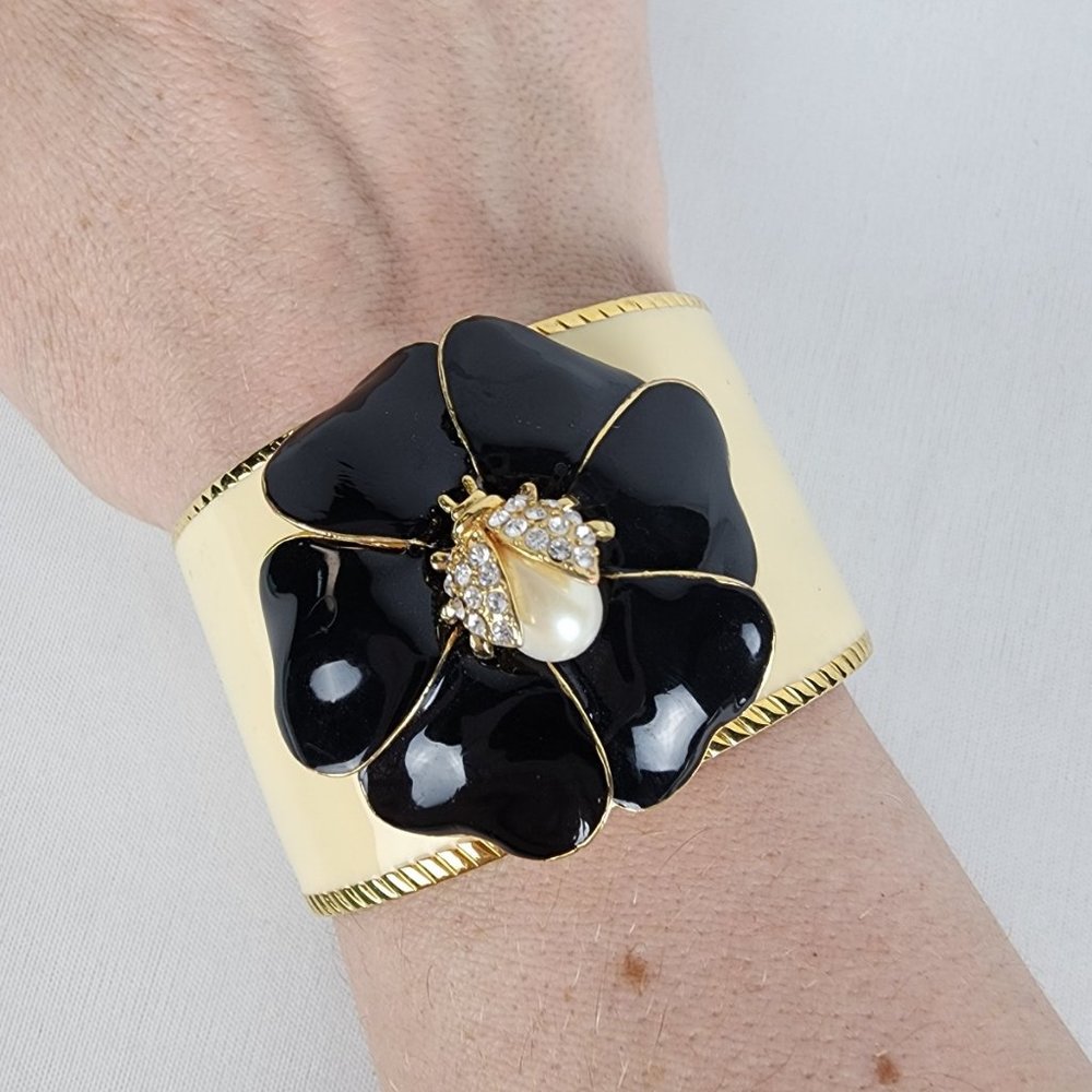 Stella & Dot Black Flower Rhinestone Pearl Ladybug Cuff Bracelet